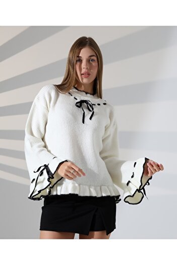 MODA Spanish Sleeve Ruffle Trim Knit Sweater with Tie Detail