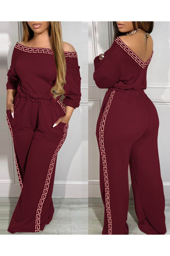 Modayakamoz Women's Long Sleeve Off-The-Shoulder Elastic Waist Pocket Stripe Print Viscose Two Thread Jumpsuit