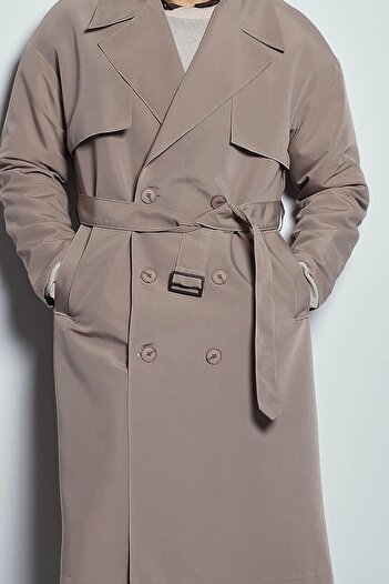 ablukaonline Men's Oversize Double-Breasted Belted Trench Coat Beige