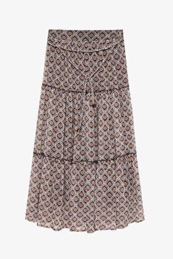 Ladies&Gentlemen Retro Geometric Patterned Midi Skirt with Lace-Up Detail at the Waist – Brown