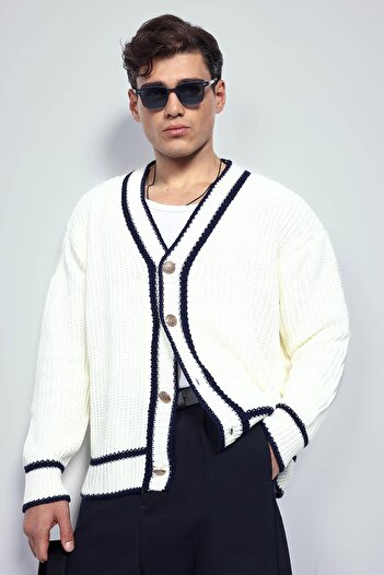 ablukaonline Men's Oversize Contrast Stripe Buttoned Knitted Cardigan Ecru