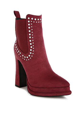 london Rag Women Studs Embellished High Ankle Boots in Burgundy