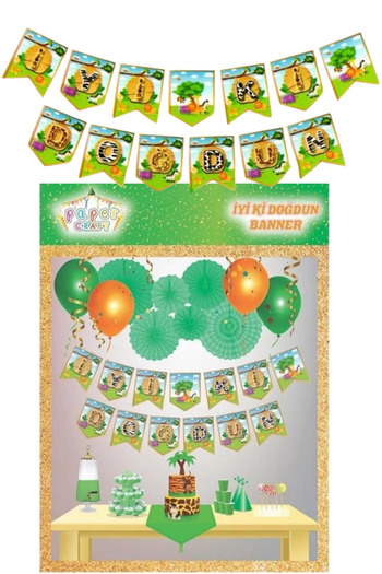 CANVELA Safari Themed Animal Figured Happy Birthday Written Birthday Party Cardboard Lettering Zigzag Banner
