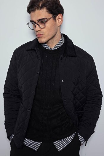 ablukaonline Men's Oversize Quilted Jacket with Ribbed Collar Detail, Black
