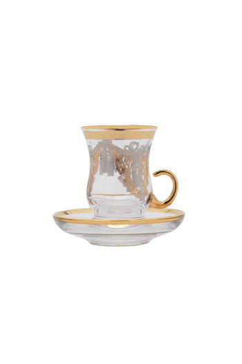 SQUALO Turkish tea cup set - 6 pieces with golden engravings and saucers