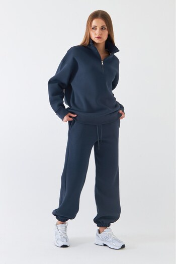 The Champ Clothing Unisex Oversize Σετ αθλητικής φόρμας Basic Marine – Στανταρισμένος γιακάς με φερμουάρ, ελαστικό πόδι, 3-κλωνο φλις