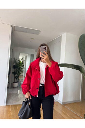 FEMMESTUDIO Women's Red Stand Collar Jacket with Elastic Hem