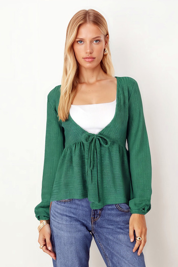 armonika Women's Green V-Neck Soft Textured Tie-Front Knit Cardigan with Elastic Sleeves Arm-26K001010