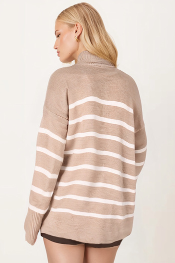 armonika Women's Mink Zipper Detailed Striped Knitwear Sweater Arm-25K069007