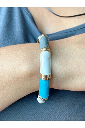 Gümüş sandık Colorful Enamel Detailed Bracelet – Blue, Black, Green, Fuchsia and White Gold Color Framed Design