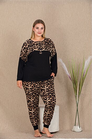 Lady Plus Size Leopard Print Half Button Detailed Pajama Set
