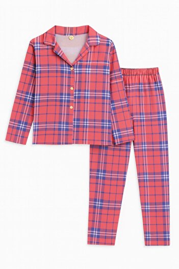 Beka Kids Girls' Plaid Patterned Front Buttoned Pajama Set 100% Cotton Children's Pajama Set