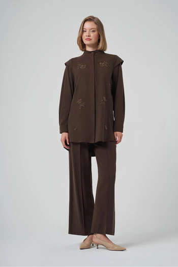 Nuss Çiçeklei Beaded Trouser Suit - Brown 1032