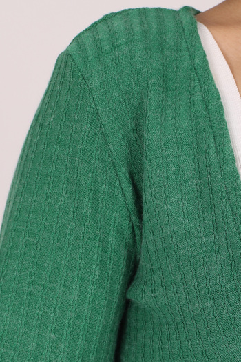 armonika Women's Green V-Neck Soft Textured Tie-Front Knit Cardigan with Elastic Sleeves Arm-26K001010