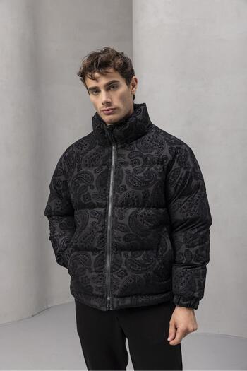 Valiberta Harjo Ethnic Pattern High Collar Puffer Men's Jacket - Black