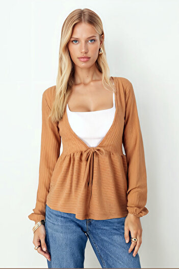 armonika Women's Camel V-Neck Soft Textured Tie-Front Knit Cardigan with Elasticated Sleeves Arm-26K001010