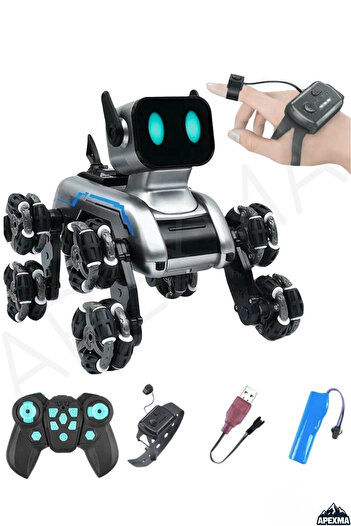 Apexma Oyuncak 2.4GHz Uzaktan Kumandalı Bilekten Kontrollü Şarjlı Işıklı 8 Teker Akrobat Robot Köpek