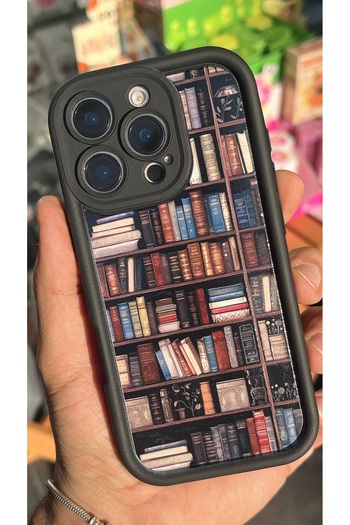 EDELFU iPhone 16 Pro Library Patterned Thick Black Silicone Soft Phone Case with Sides