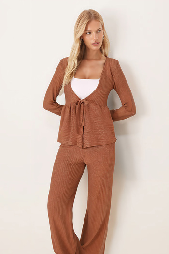 armonika Women's Coffee V-Neck Soft Textured Tie-Front Lycra Pants Two-Piece Set Arm-26K001002