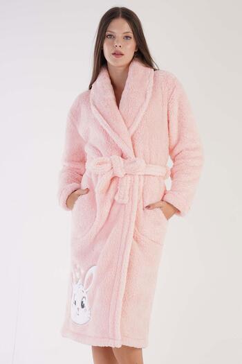 VİENETTA Women's Pink Color Shawl Collar Pocketed Belted Midi Length Dressing Gown C2T6N0603