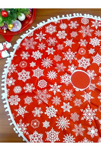 Armada Pom-Pom Pine Tree Skirt – Christmas Special Snowflake Printed Red Poplin Fabric (80 cm Diameter)