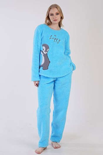 VİENETTA Women's Turquoise Color Welsoft Fabric Crew Neck Long Sleeve Pajama Set C6T5N0603