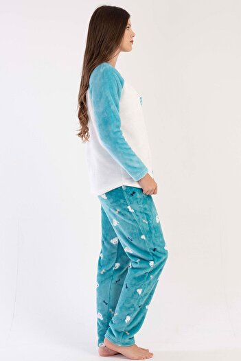 VİENETTA Kadın Mint Renk Welsoft Uzun Kollu Bisiklet Yaka Düz Paça Pijama Takımı C0T9N0303