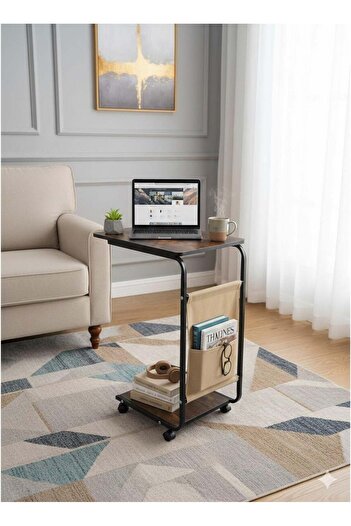Generic Mobile Side Table with Wheels Suitable for Small Spaces, Wooden Table with Wheels and Metal Frame fo