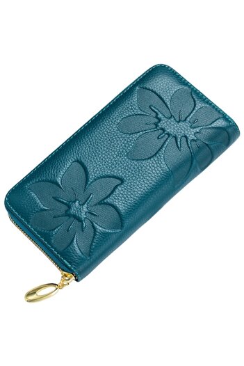 OptimStar Women's Wallet, Leather, Embossed Floral Patterns, Hand Strap, Peacock Blue