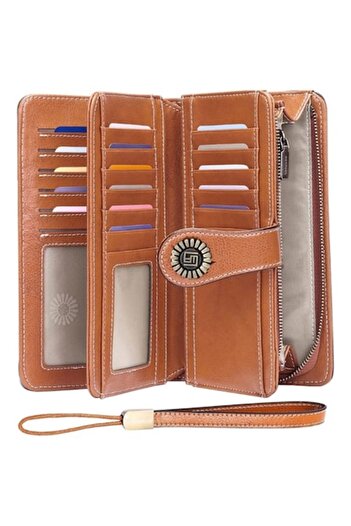 OptimStar Women's Wallet, Genuine Leather, RFID Blocking, 19.5x11.5x3.5cm, 3 Main Compartments, Brown