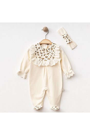 COLORFULLCLİPS Cream Ruffled Leopard Print Jumpsuit-0-3 Months