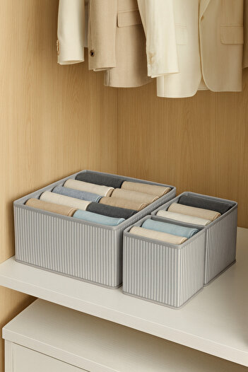PH Prendi Home 3-Piece Gray Striped Drawer Organizer Set – Multi-Purpose Closet Box Set