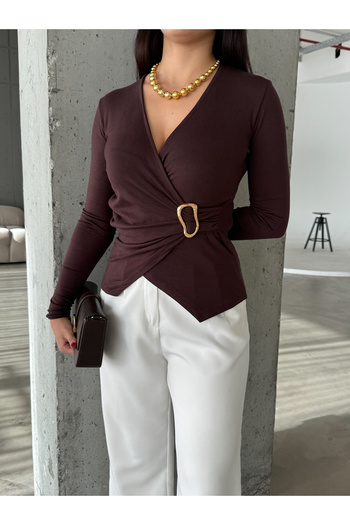 EYLANA Kruvaze Collar with Gold Buckle Detail 100% Cotton Blouse