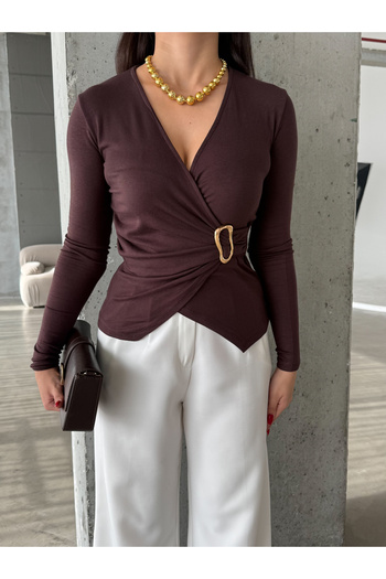 EYLANA Kruvaze Collar with Gold Buckle Detail 100% Cotton Blouse