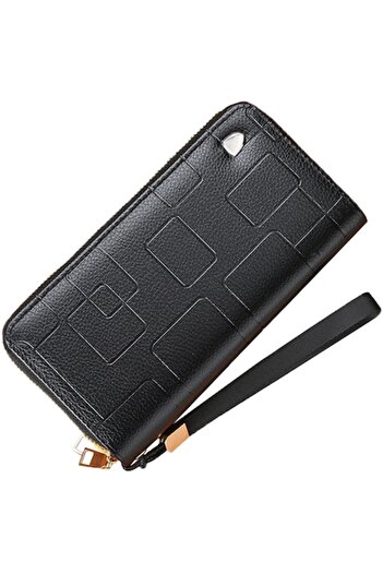 OptimStar Women's Wallet, -leather, 2 Zippers, Hand Strap, 4 Pockets, 8 Card Slots, 20x10x4 cm, Black