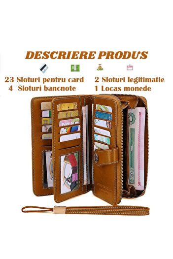 OptimStar Women's Wallet, Genuine Leather, RFID Blocking, 19.5x11.5x3.5cm, 3 Main Compartments, Brown