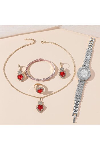 OptimStar Set bijuterii, ceas argintiu, bratara, colier, inel, cercei, accesorii femei, pentru ocazii, busines