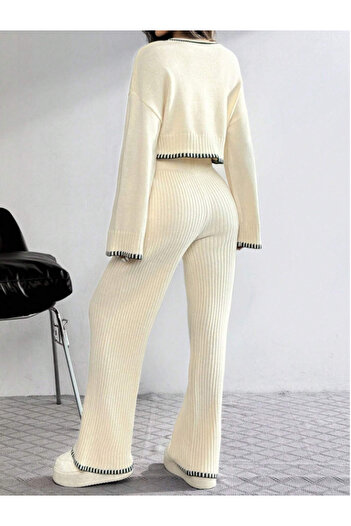 özkurtoğlu Cream Front Embroidery Detailed Knitwear Trousers Set