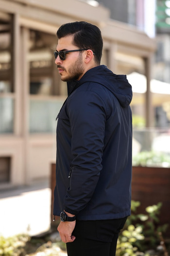 comstar Men's Hooded Zippered Navy Blue Windbreaker & Raincoat