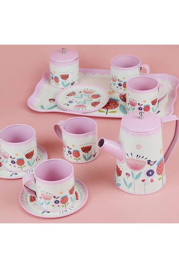 TOYFEST Flower Patterned Metal Tea Set 12 Pieces – Colorful Play Tea Serving Set for Kids - Pink