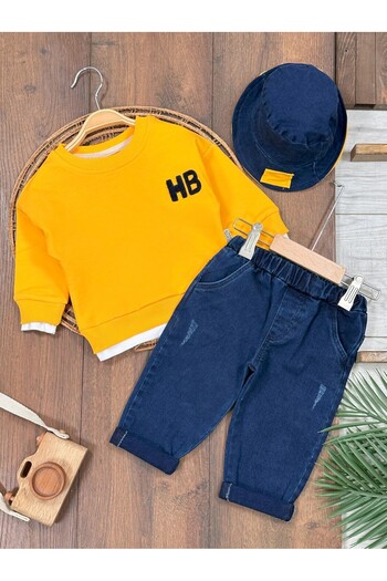 Childona Baby Kids Hb Embroidery Detailed Sweatshirt Lycra Jeans Hat 3-Piece Baby Boy and Child Set