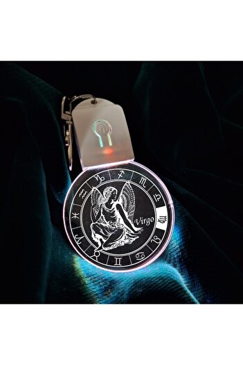 T&M Personalizare Keychain with LED from Acrylic - Virgo Zodiac Round - Horoscope with Battery, Multicolor