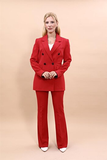 ÖNDER ÖZSOY Erkek Yaka Kuruvaze Blazer Ceket & İspanyol Paça Pantolon-Kırmızı