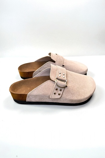 Dilesa Beige Premium Suede Slippers with Staple Detail
