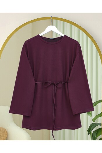 Modamorfo Round Neck Tunic with Tie Waist in Combed Cotton - Plum