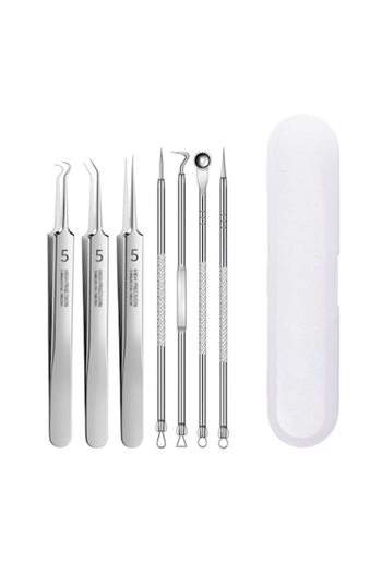Bell Set 7 tweezers for blackheads extraction, comedones, acne, stainless steel cosmetic tools, metallic,