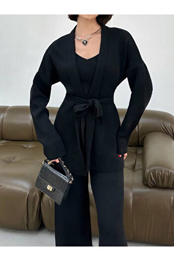AB LOOKS Women's Wool Blend Knitwear Cardigan & Blouse and Pants Three-Piece Set Waist Belted Bottom Top Set