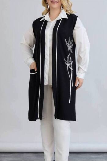 FOR ESRA BIG TREND Women's Plus Size Stone Long Floral Print Front Stripe Single Pocket Viscose Stretchy Vest
