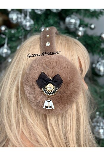 QUEEN AKSESUAR Luxury Stone Pearl Brooch Design Furry Plush Foldable Earmuff Protective Snow Ear Muff No5