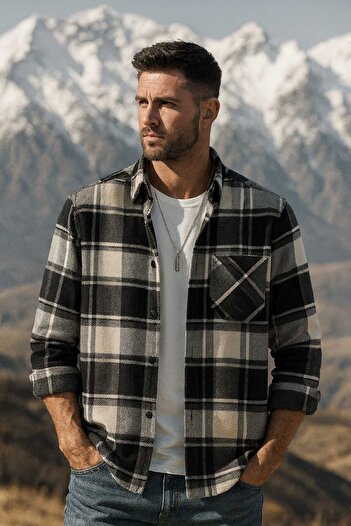 YNGMENCLASS Single Pocket Detail Carded Textured Cashmere Cotton Collar Buttoned Winter Woodcutter Shirt